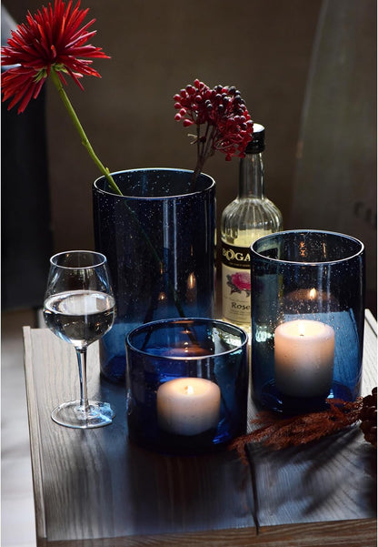Hurricane Candle Holders for Pillar Hand Blown Glass Cylinder Vases Table Centerpiece Bulk Room Decor Clear Seeded Bubbles Living Dining Kitchen Island 10" 7" 4" Set of 3