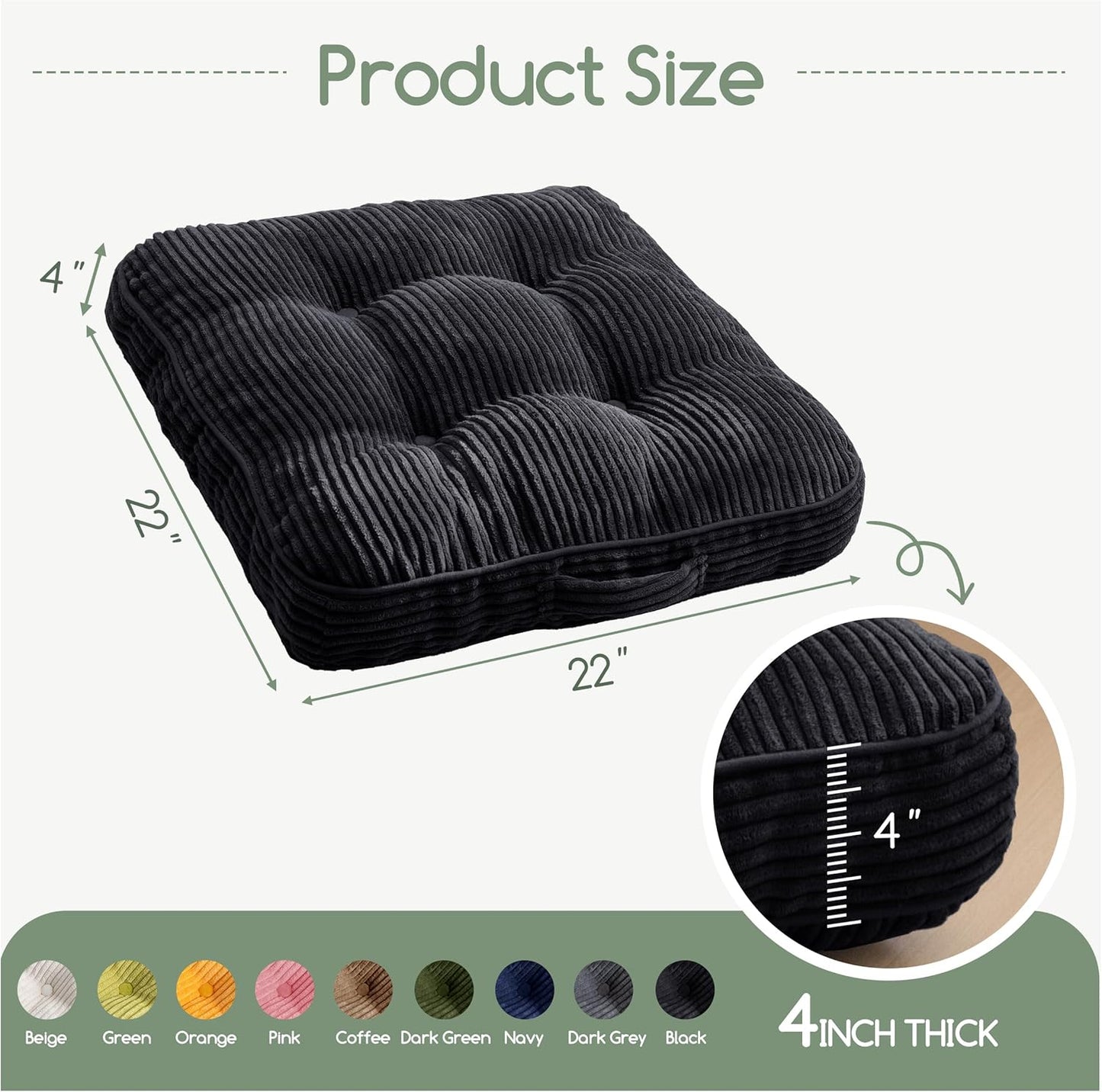 HIGOGOGO 6" Extra Thick Floor Pillow Cushion for Adults, Meditation Cushion Pillow, Large Square Floor Sitting, Tufted Corduroy Cover, for Tatami Living Room or Yoga, 22x22 Inch, 2Pack, Dark Grey