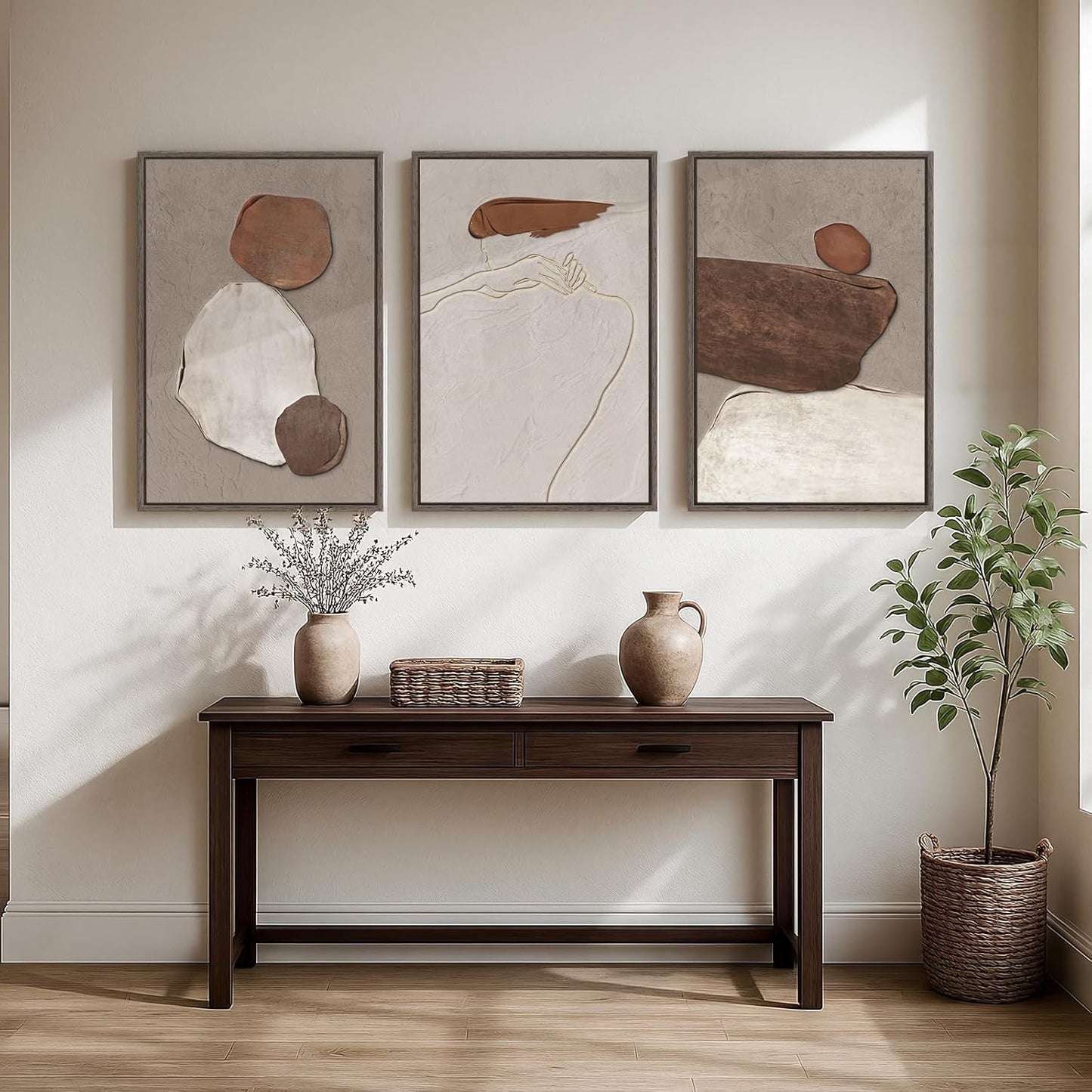 Large Framed Neutral Abstract Wall Art for Living Room, 3 Piece Modern Canvas Prints Paintings Artwork for Walls, Black and Beige Pictures for Living Room Hallway Stair Office Wall Decor 24x36 Inch