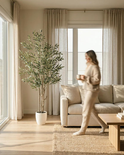 KOL 5.2ft Artificial Olive Tree Indoor, Tall Faux Olive Trees, Fake Olive Tree Floor Plant for Home Office Living Room Decor with Matte Black Pot
