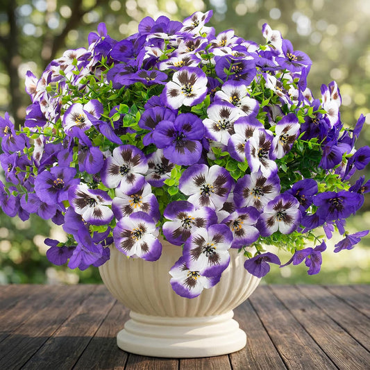 Rowfad 18 Pcs Artificial Fake Pansy Flowers for Outdoor, Faux Silk Pansies Spring Flowers for Outside for Planter Front Door Porch Yard Patio Window Box Home Decor (18, Purple, Yellow, White)