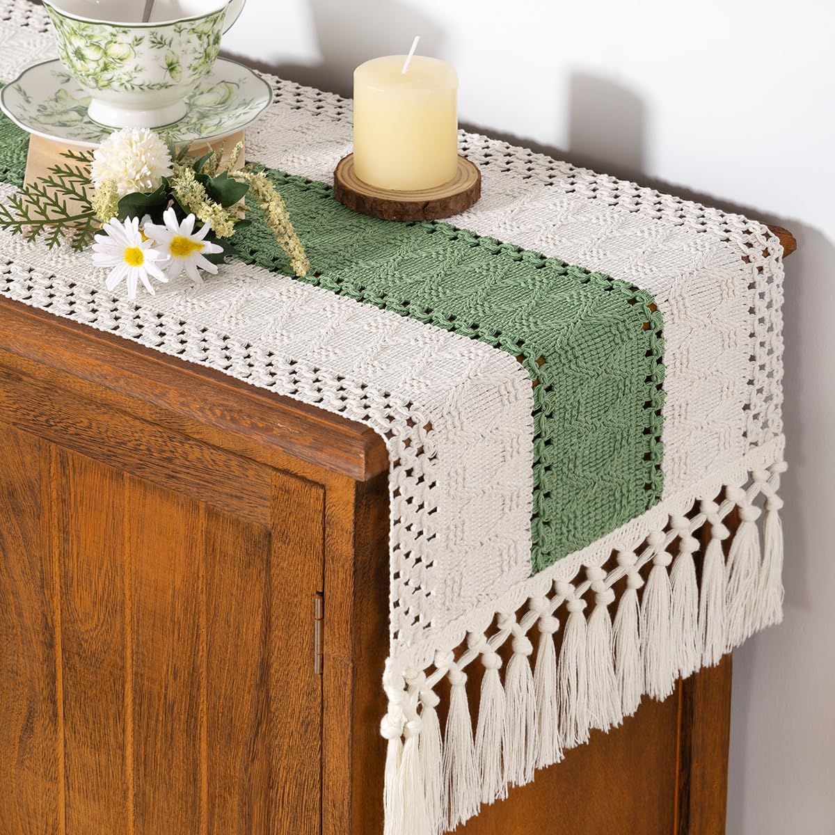 Socomi Boho Table Runner Summer Farmhouse Rustic Dining Kitchen Centerpiece Decor Small Macrame Woven Cotton Linen Coffee Table Runner for Dresser Scarf Home Decor 12x36 inch Beige