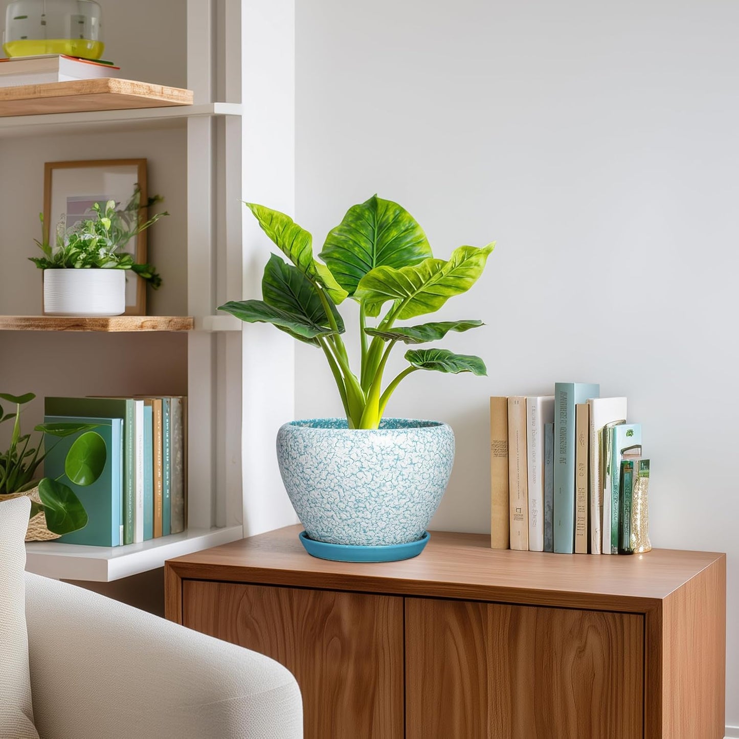 6 Inch Plant Pot - Ceramic Pots for Plants with Drainage Hole and Saucer, Round Succulent Planter Indoor Outdoor, Modern Flower Pot for Snake Plants, Home Decor, Gifts for Plant Lover, Blue