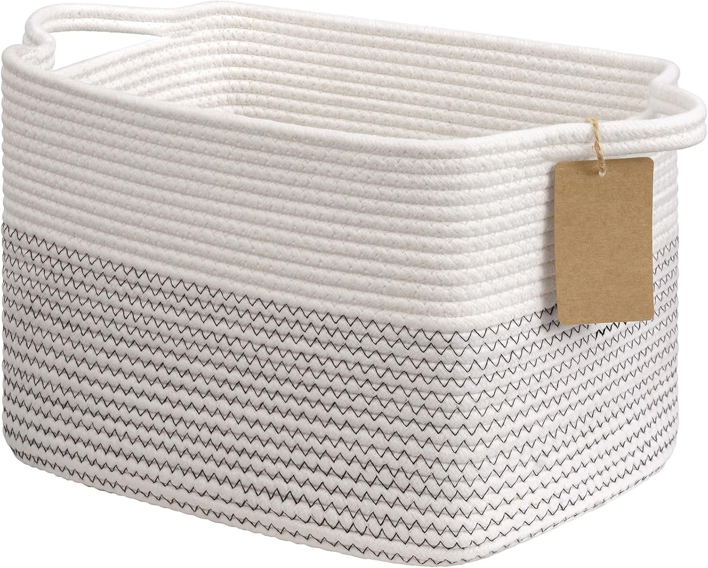 Goodpick Woven Storage Basket, Cotton Rope Basket for Dog Toys, Books, Stylish Gift Basket with Handles, 13 x 10 x 9 Inches Square Baskets for Organizing, Brown and White