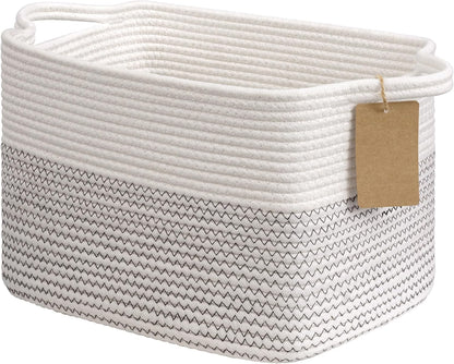 Goodpick Woven Storage Basket, Cotton Rope Basket for Dog Toys, Books, Stylish Gift Basket with Handles, 13 x 10 x 9 Inches Square Baskets for Organizing, Brown and White