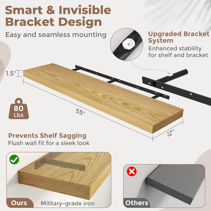 72 Inch Long Floating Shelves for Wall Set of 2, 12"D Wood Grain Bathroom Shelves with Invisible Brackets, Easy Install Engineered Wood Storage Shelves for Kitchen, Living Room, Bedroom, Black Finish