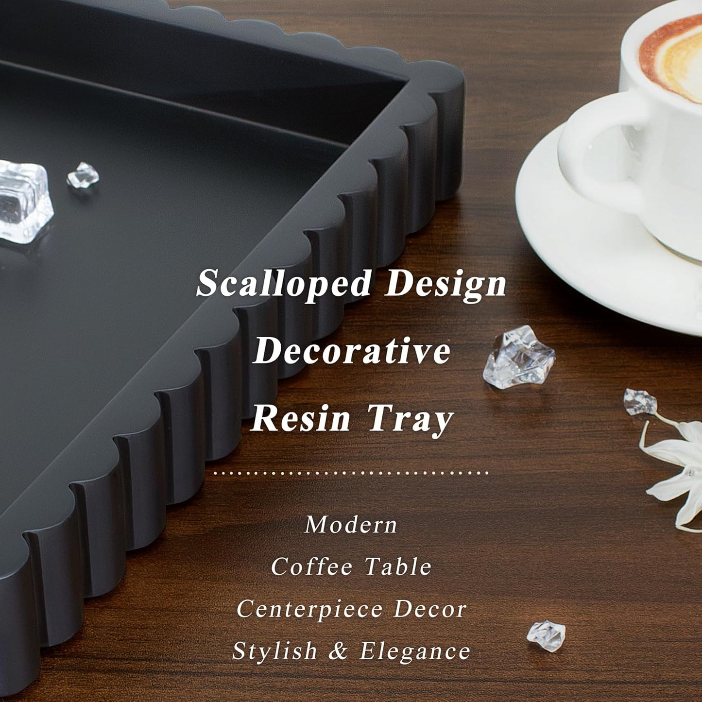 YMXYJM-Scalloped Coffee Table Tray，Ottoman Tray for Modern Home Decor. 14" Decorative Tray for Entryway Table Decor, Living Room Table Decor, Coffee Table Centerpiece - Beige Resin