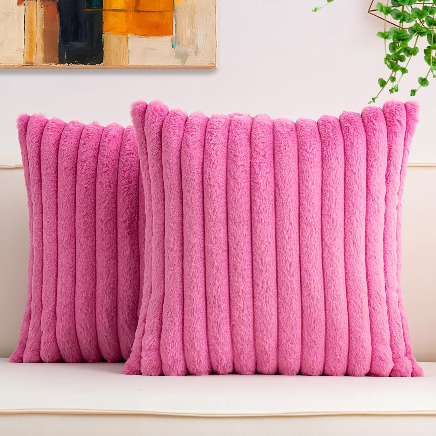 Aegero Pack of 2 Faux Fur Christmas Throw Pillow Covers 18x18 Inch, Soft Plush Striped Neutral Couch Pillow Cover, with Velvet Back Modern Home Decor for Sofa Living Room Couch Bed Cream White