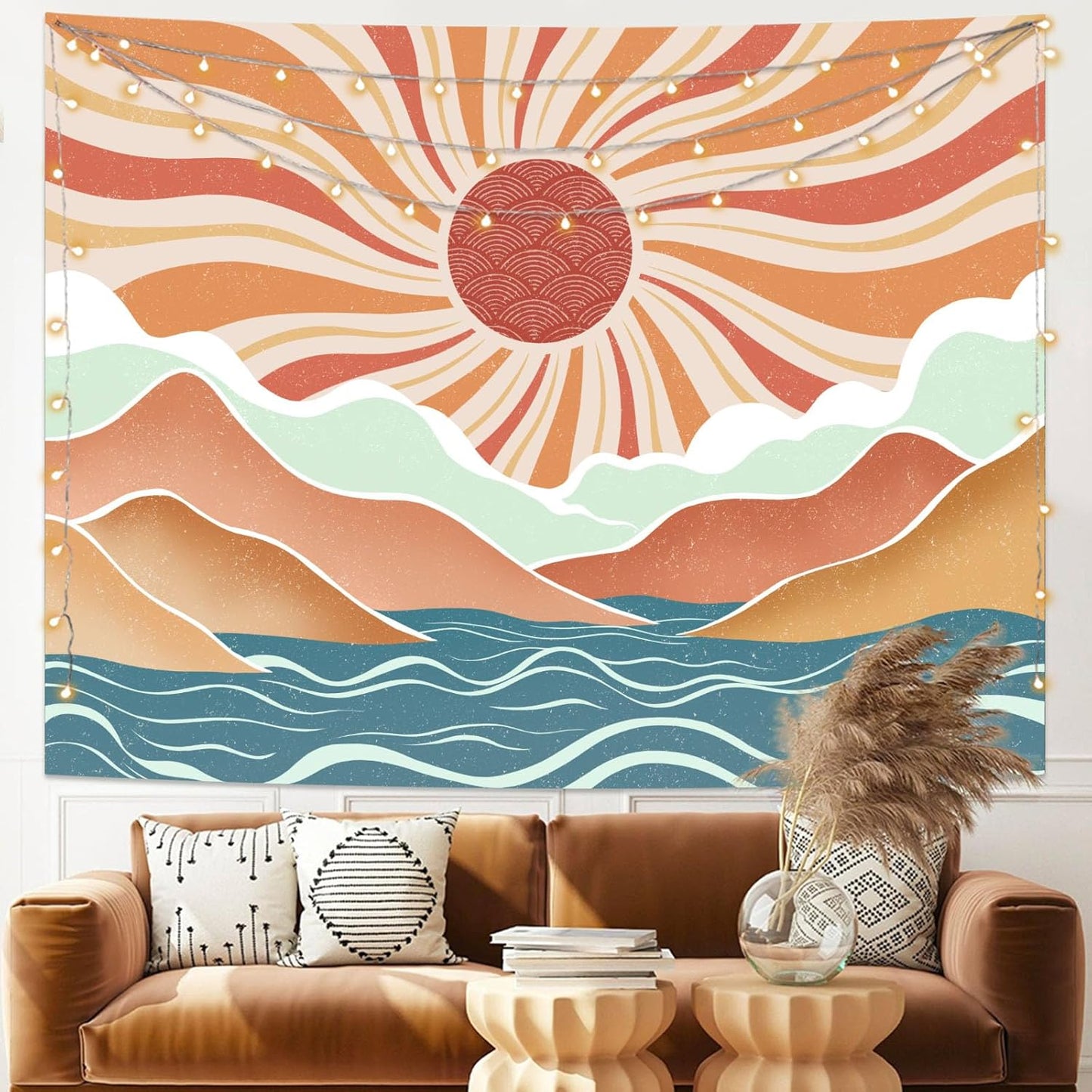 Lunerfex Bohemian Mandala Sunrise Wall Tapestry, Abstract Mountain Scenery Tapestries for Home Decor, Boho Tapestry 48x36 Inch