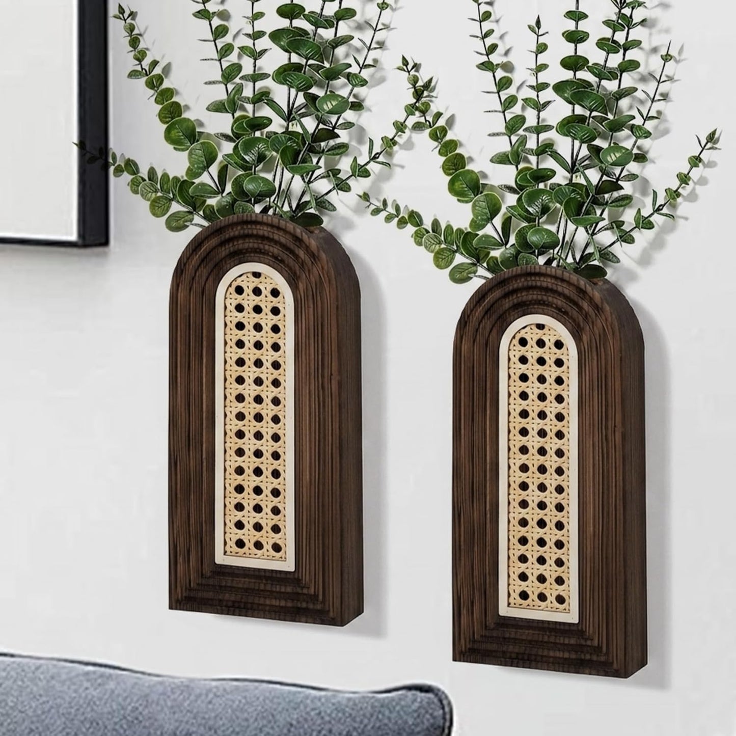 Dnnnii 2 Pack Wooden Wall Vase Set - Brown Finish Modern Farmhouse & Boho Wall Decor for Entryway, Hallway, Bathroom, Living Room, Dining Room, Narrow Spaces