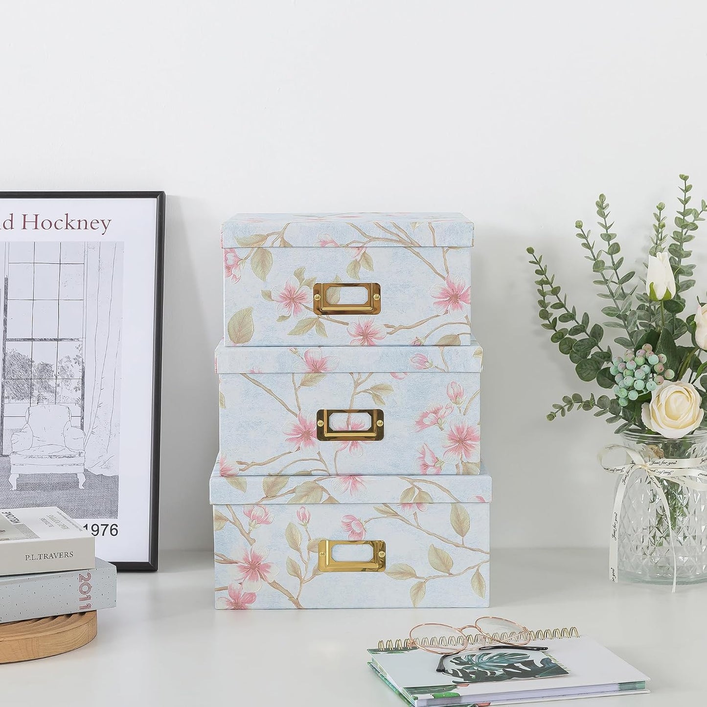 Soul & Lane Decorative Cardboard Storage Boxes - Set of 3 Square Stacking Boxes with Lids and Gold Label Holders, Nesting Photo Storage for Decor and Organizing, Botanical Sage