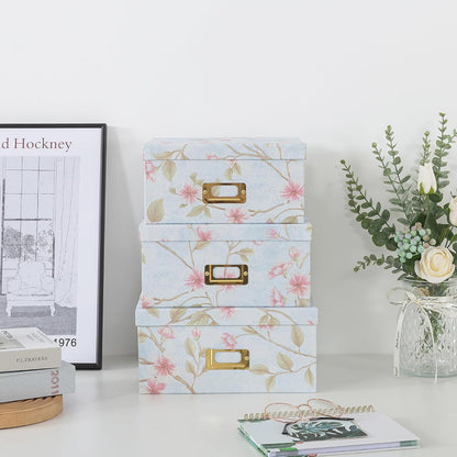 Soul & Lane Decorative Cardboard Storage Boxes - Set of 3 Square Stacking Boxes with Lids and Gold Label Holders, Nesting Photo Storage for Decor and Organizing, Botanical Sage
