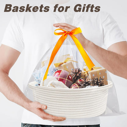 Pro Goleem Small Woven Basket with Gift Bags and Ribbons Durable Baskets for Mothers Day Gifts Empty Small Rope Basket for Storage 12"X 8" X 5" Baby Toy Baskets with Handles, White