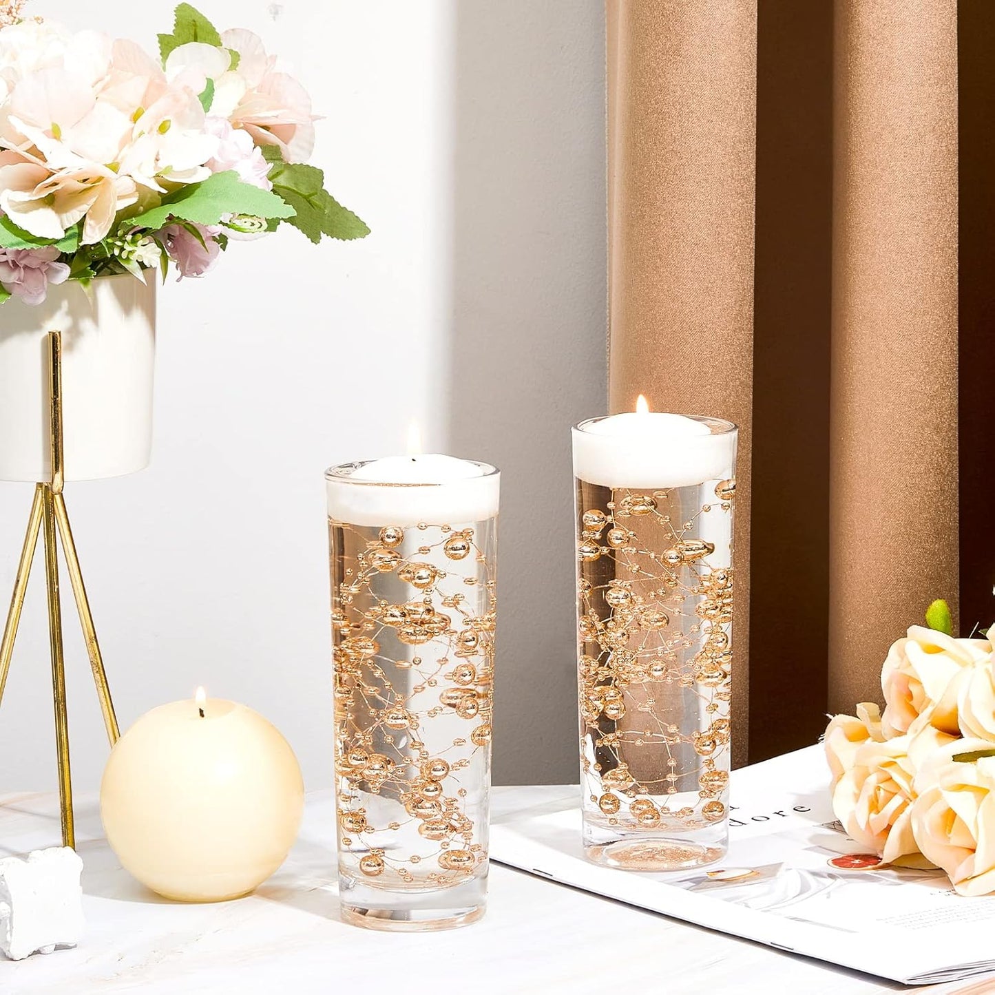 Tondiamo 24 Pcs Artificial Pearl String for Floating Candle Faux Pearls Beads String Garland Centerpiece Decoration for Vases Filler Wedding Spring Holiday Party Decor(Gold)