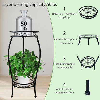 CASIMR 2-Pack Plant Stand, 2 Tier 19.2 inch Tall Metal Potted Holder Rack,Indoor Outdoor Multiple Flower Pot Shelf Rustproof Iron Garden Container for Garden Patio Living Room Corner Balcony, Black