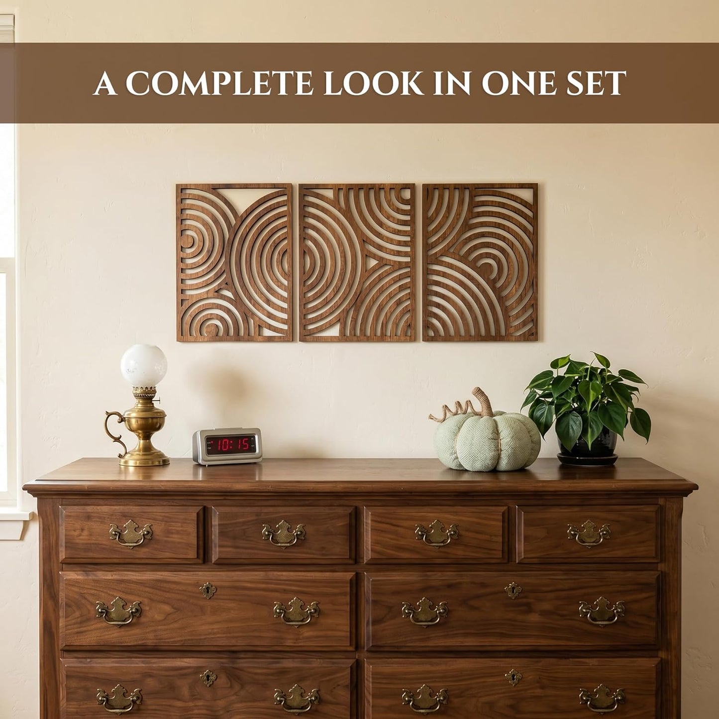 qmmp Modern Wooden Wall Sculptures - Set of 3 - Home Decor Accent - Large Wall Art for Living Room, Bedroom, Office - Easy Installation (Oak, Medium - Mountain and Sun)