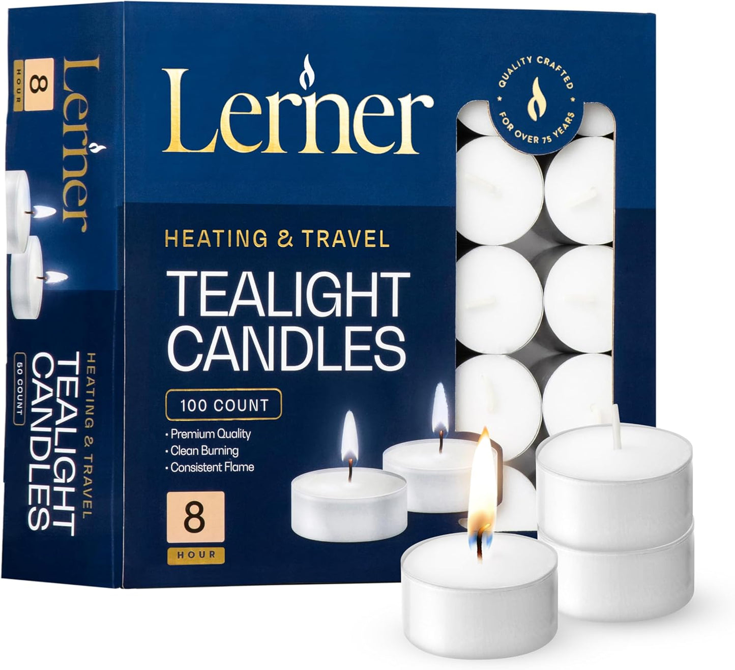 Lerner Tealight Candles, 50 Count| 4.5 Hours Long-Burning White Tea Light Candles| Non-Toxic, Smokeless & Soot-Free Tea Light Warmer Candles | Unscented Party, Décor, Shabbat Tea Candles