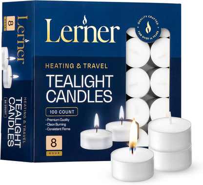 Lerner Tealight Candles, 50 Count| 4.5 Hours Long-Burning White Tea Light Candles| Non-Toxic, Smokeless & Soot-Free Tea Light Warmer Candles | Unscented Party, Décor, Shabbat Tea Candles