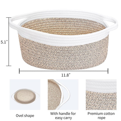 ABenkle Small Basket with Handles, Boho Decorative Rope Woven Dog Cat Toy Storage Bin Shelf Storage Organizer, Easter Christmas Gift Basket, 12"x8"x5", White