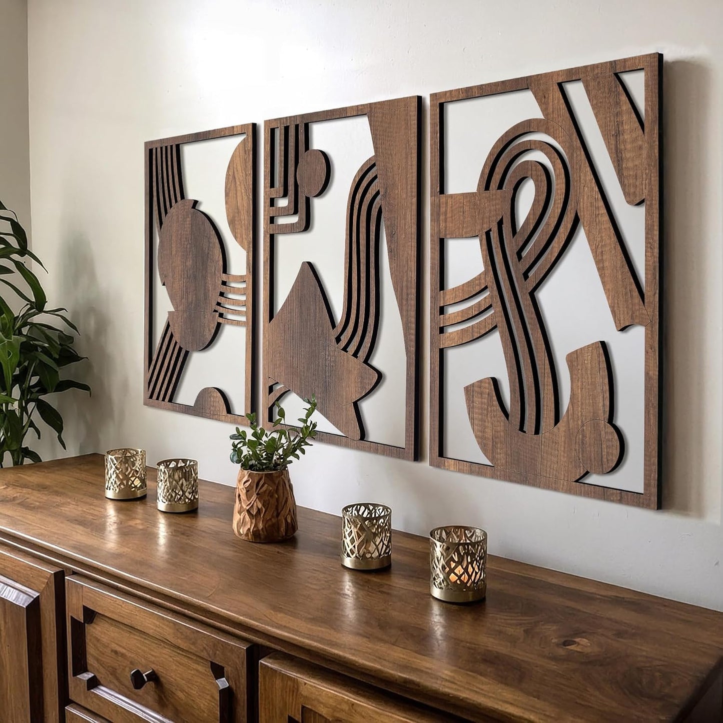 qmmp Modern Wooden Wall Sculptures - Set of 3 - Home Decor Accent - Large Wall Art for Living Room, Bedroom, Office - Easy Installation (Oak, Medium - Mountain and Sun)