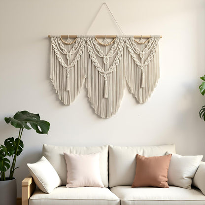guzhiou large macrame wall hanging - Boho Tapestry Macrame Wall Decor Art- Chic Bohemian Handmade Woven Tapestry Home Decoration for Bedroom Living Room Apartment Wedding Party - 43"x32" (Wood bead)