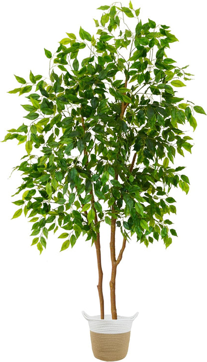 Warmplants Artificial Ficus Tree, 7ft Silk Fake Ficus Leaves Plant with Basket, Indoor Outdoor Faux Green Tree for Home Garden Office House Livingroom Décor