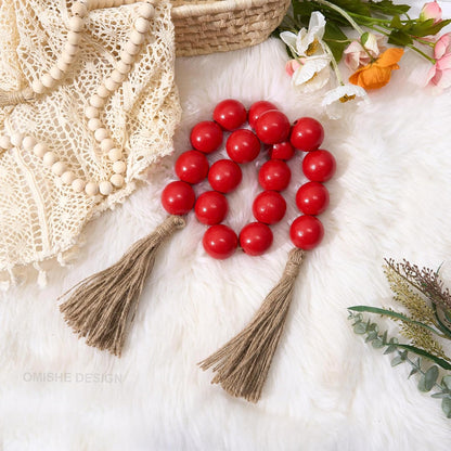 OMISHE Extra Large Wood Bead Garland with 1.6" Diameter Wooden Beads and Tassels, 41" Long Rustic Farmhouse Country Decorative Beads for Home Tiered Tray Decor, Natural Beige