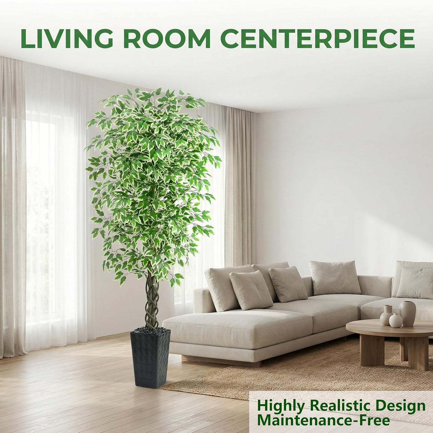 Artificial Ficus Tree 6FT Faux Plants Indoor Tall Fake Plants with White Planter, Green Lifelike Lush Fake Ficus Tree for Home Living Room Bedroom Outdoor Balcony House Office Decor