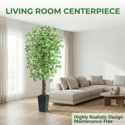 Artificial Ficus Tree 6FT Faux Plants Indoor Tall Fake Plants with White Planter, Green Lifelike Lush Fake Ficus Tree for Home Living Room Bedroom Outdoor Balcony House Office Decor