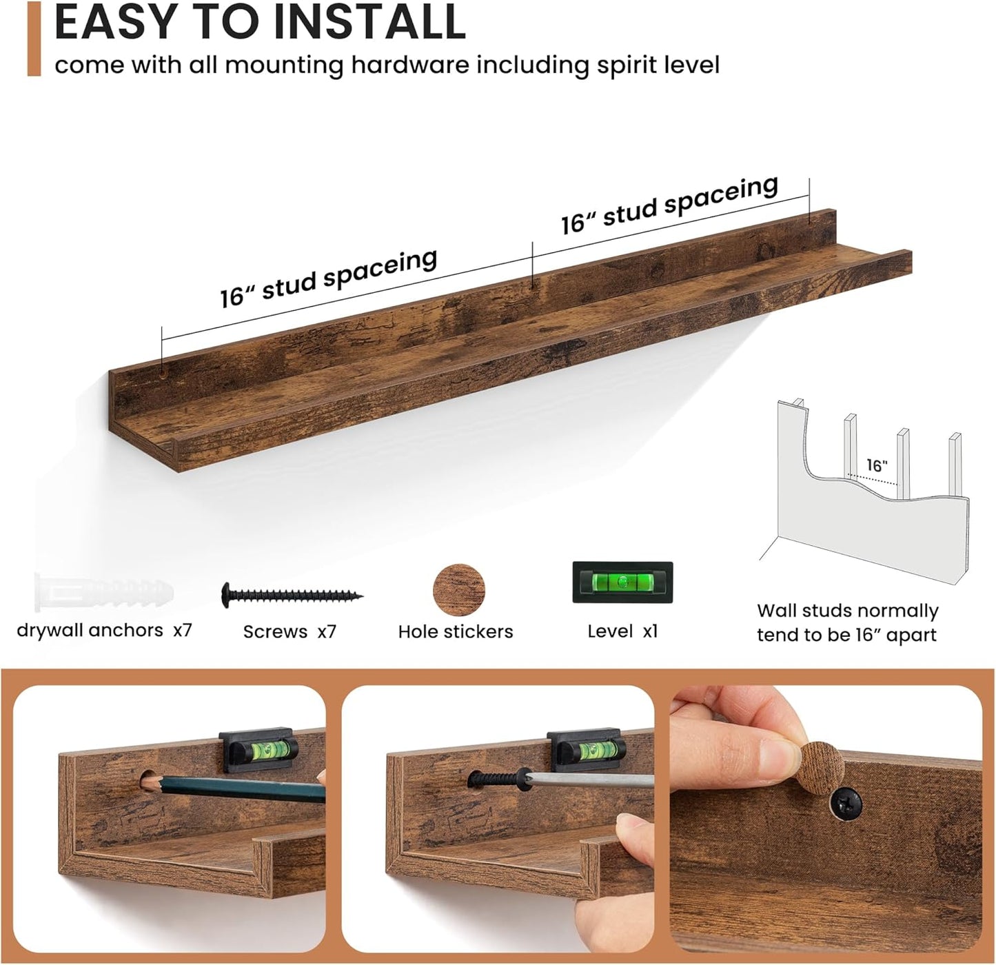 Fun Memories Picture Ledge Shelves Set of 2, 32 Inch Rustic Wall Mounted Floating Shelves with Lip for Home Storage and Décor in Bathroom, Kitchen, Nursery, Bedroom, Living Room, Walnut