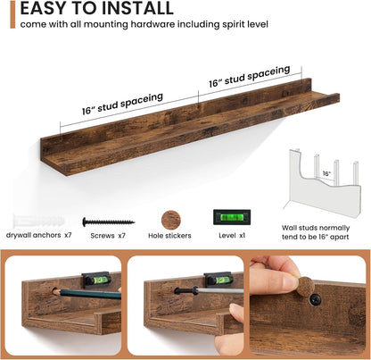 Fun Memories Picture Ledge Shelves Set of 2, 32 Inch Rustic Wall Mounted Floating Shelves with Lip for Home Storage and Décor in Bathroom, Kitchen, Nursery, Bedroom, Living Room, Walnut