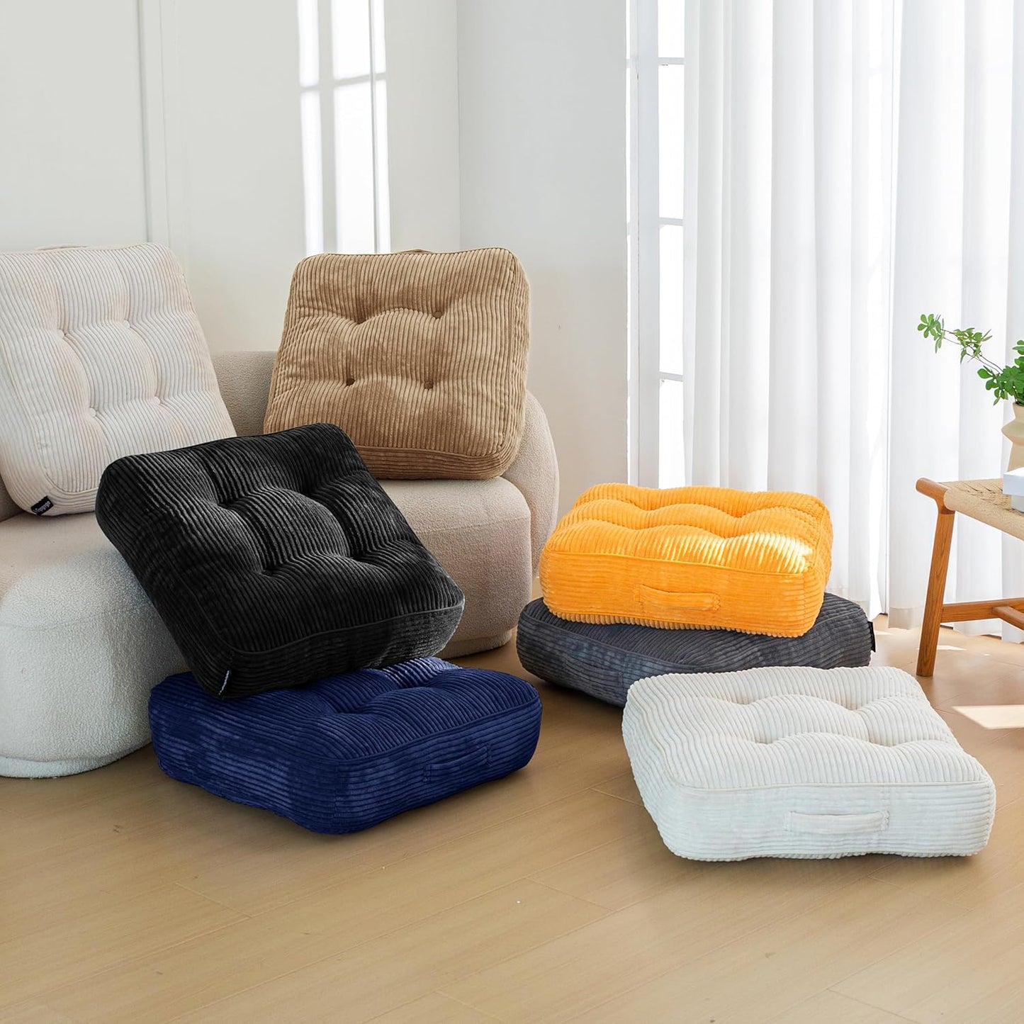 HIGOGOGO 6" Extra Thick Floor Pillow Cushion for Adults, Meditation Cushion Pillow, Large Square Floor Sitting, Tufted Corduroy Cover, for Tatami Living Room or Yoga, 22x22 Inch, 2Pack, Dark Grey