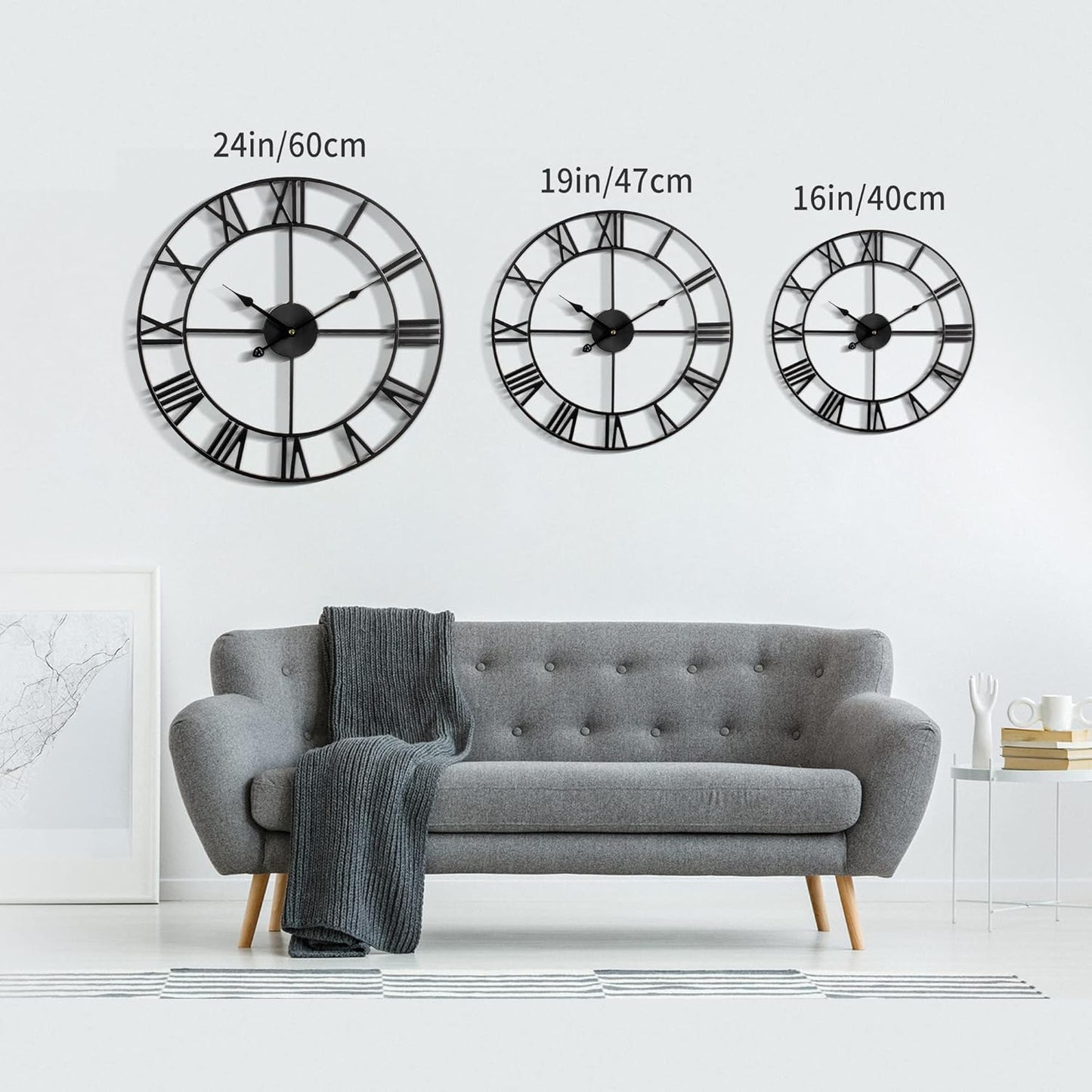 LEIKE 16" Large Wall Clocks Battery Operated, Round Modern Silent Non-Ticking Black Metal Wall Clock for Living Room Decor, Bedroom Kitchen (40cm Diameter, Black Roman Number)