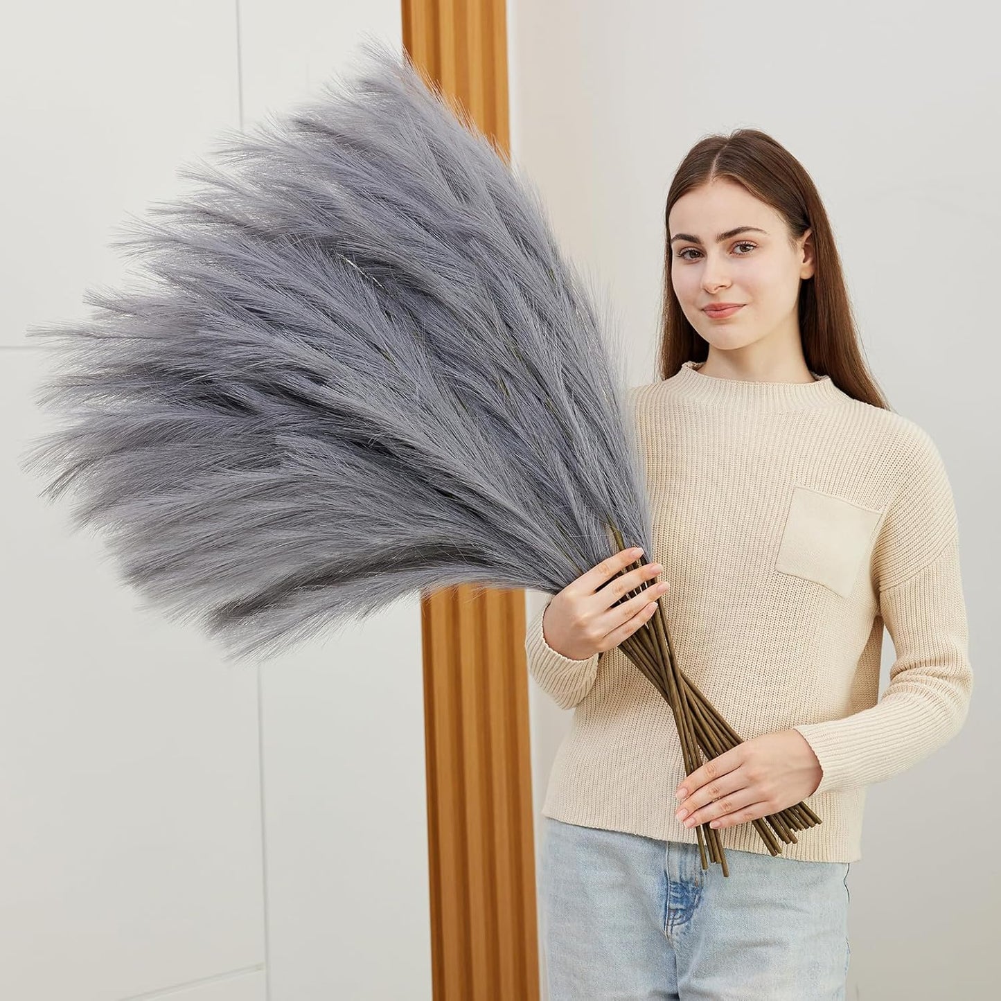 10 Pcs 39''/3.2FT Faux Pampas Grass Decor, Large Tall Fluffy Artificial Fake Flower, Bedroom Decor Boho Decor Pompas Floral for Vase Filler Farmhouse Home Wedding Decor (Blue)