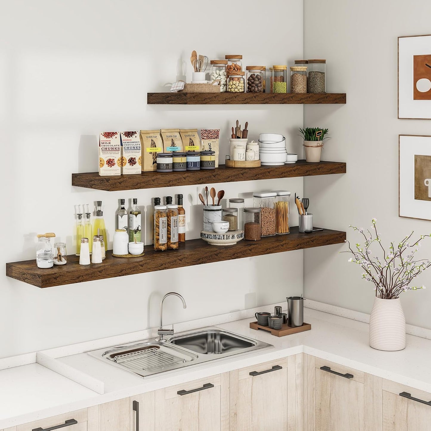 RICHFOCUS 72Inch Floating Shelves for Wall 2 Pack Shelves for Bedroom|Kitchen|Bathroom Wall Mounted Rustic Wood Floating Shelf with Invisible Brackets for Books|Storage|Decor, Rustic Brown