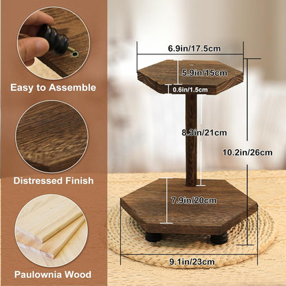 Tikea Farmhouse Wood Display Riser, 10 in. Farmhouse Pedestal Stand for Kitchen Bathroom Counter Decor, Round Display Tray for Soap Dispenser and Plant (Brown)
