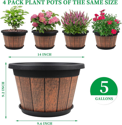 Quarut 4 Pack 10 inch Plant Pots,Upgrade Whiskey Barrel Planters with Drainage Holes & Saucer,Plastic Decoration Flower Pots Retro Design,Planters for Outdoor Indoor Garden Home Plants (Brown)