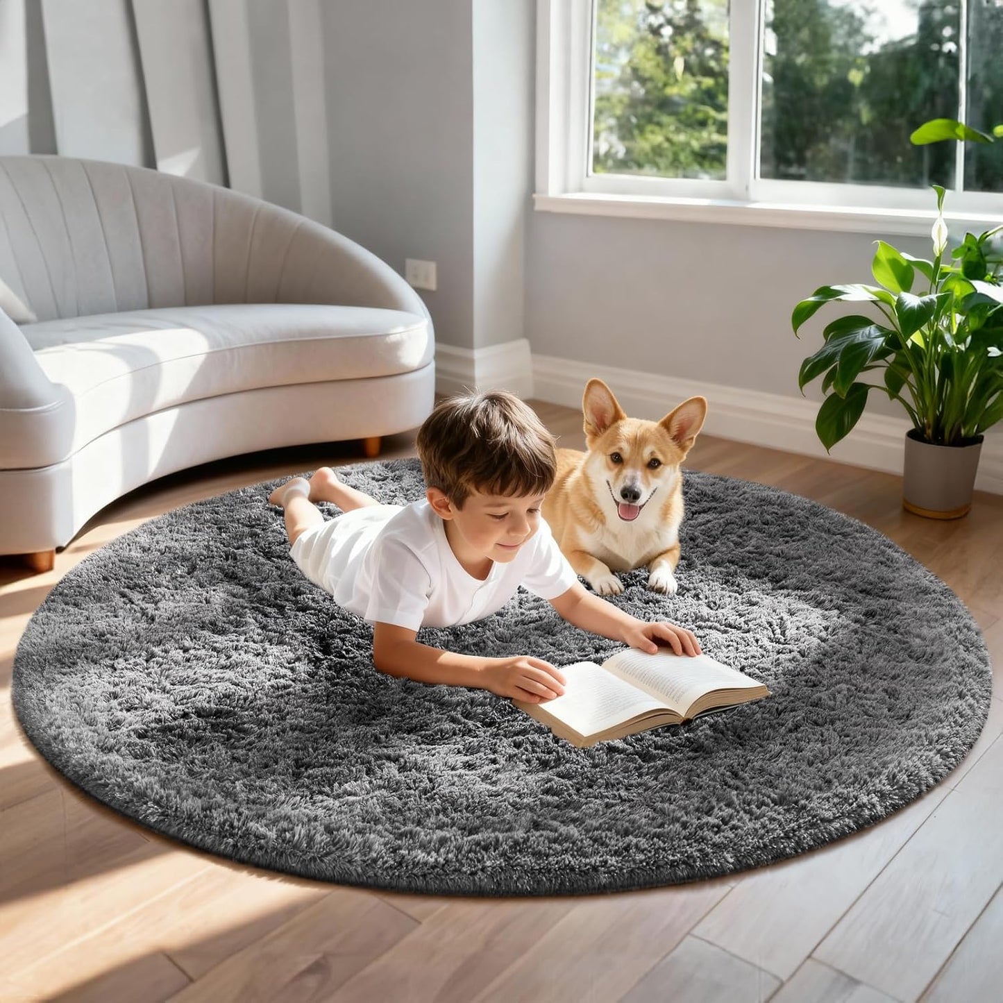 Ophanie Round Rugs 5Ft Ivory Circle Area Rug, Nursery Room Decor, Christmas Aesthetic Bedroom Home Circular Carpet 5 Foot, Fluffy Fuzzy Shag Plush Cream Living Room Rugs for Kids Boys Girls Teen Baby