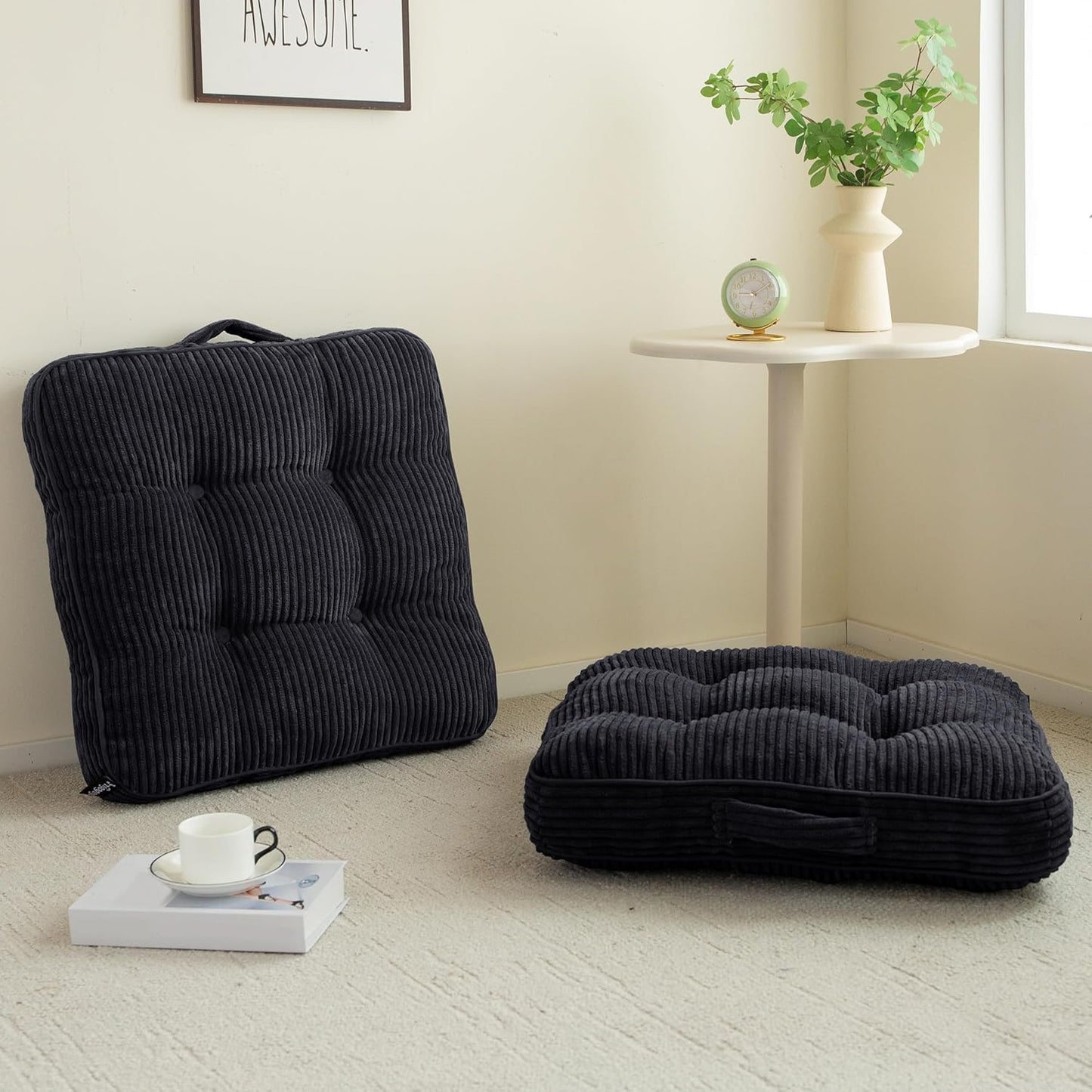 HIGOGOGO 6" Extra Thick Floor Pillow Cushion for Adults, Meditation Cushion Pillow, Large Square Floor Sitting, Tufted Corduroy Cover, for Tatami Living Room or Yoga, 22x22 Inch, 2Pack, Dark Grey
