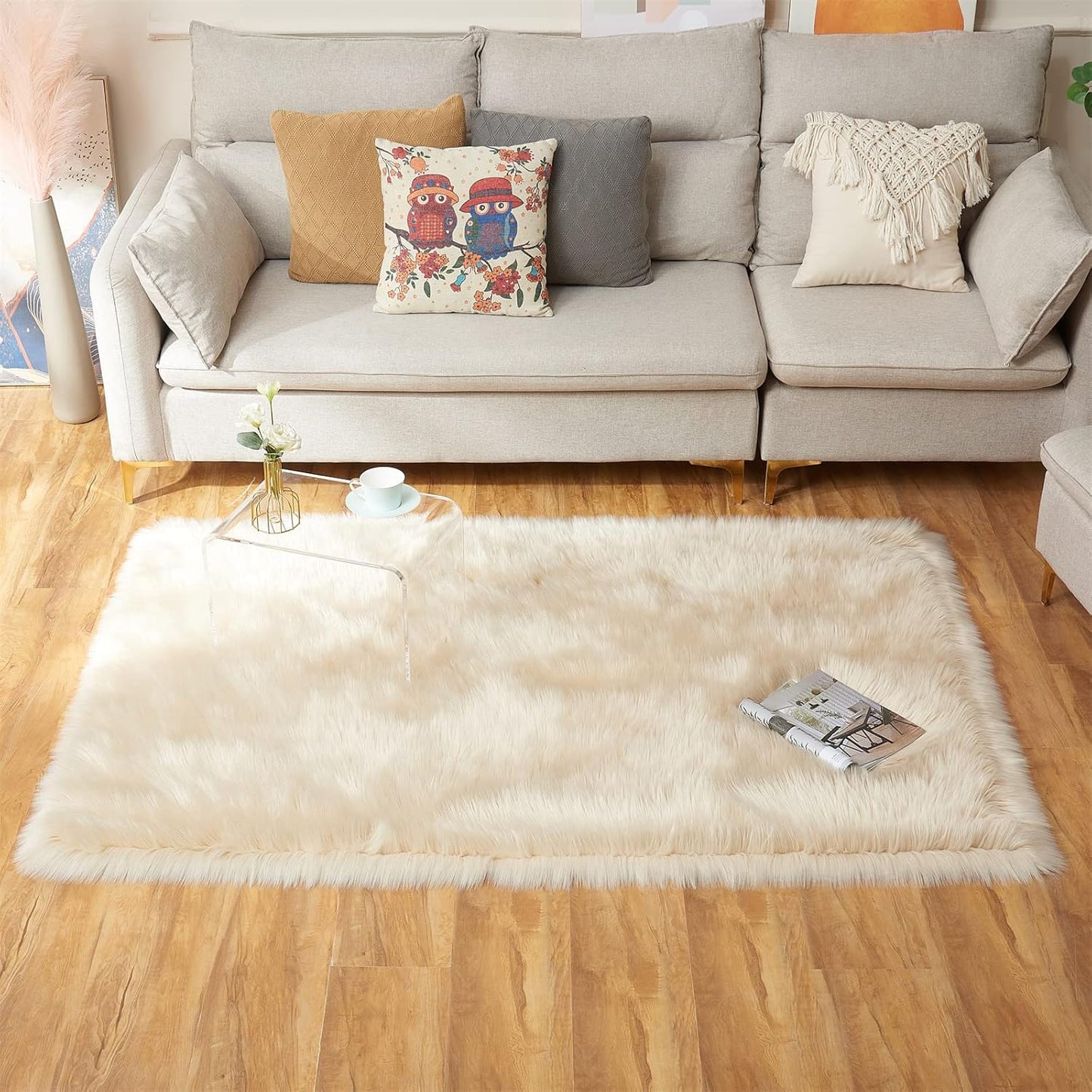 EasyJoy Ultra Soft Fluffy/Fuzzy Shaggy Area Rug Faux Fur Chair Cover Seat Pad for Bedroom Floor Sofa Living Room (2 x 6 ft Sheepskin, Beige)