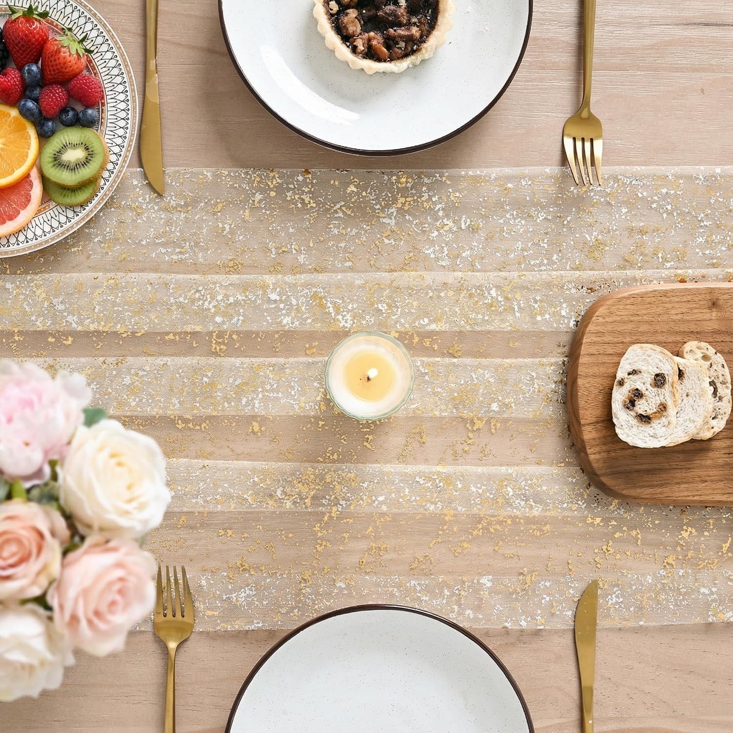 Artoid Mode Beige Gold Gauze Table Runner 120 Inch 10FT, Glitter Metallic Foil Sheer Dining Wedding Anniversary Holiday Birthday Table Decor for Home Party