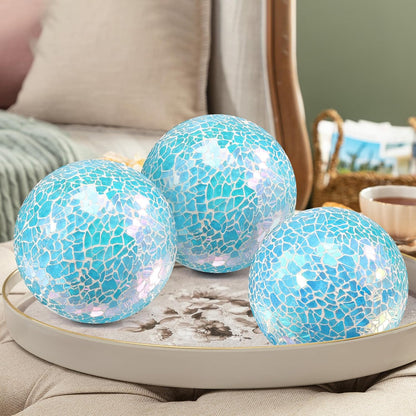 3Pcs Mosaic Glass Orbs Decorative Balls Set 8.5cm/3.35inch Blue Sphere Wedding Party Home Decor Table Centerpiece