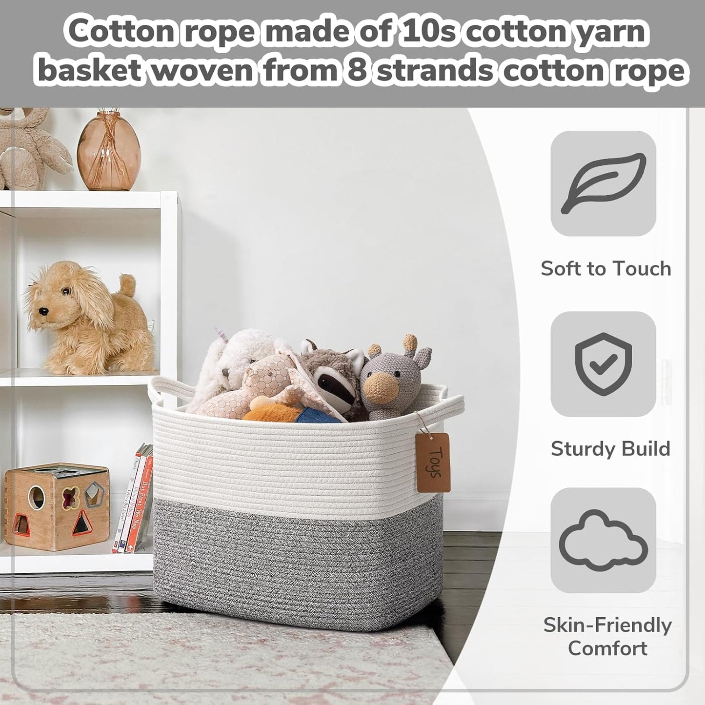 Goodpick Woven Storage Basket, Cotton Rope Basket for Dog Toys, Books, Stylish Gift Basket with Handles, 13 x 10 x 9 Inches Square Baskets for Organizing, Brown and White