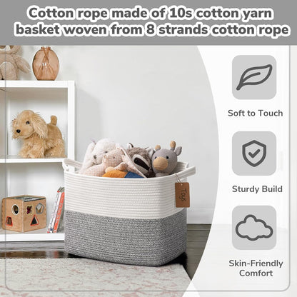 Goodpick Woven Storage Basket, Cotton Rope Basket for Dog Toys, Books, Stylish Gift Basket with Handles, 13 x 10 x 9 Inches Square Baskets for Organizing, Brown and White