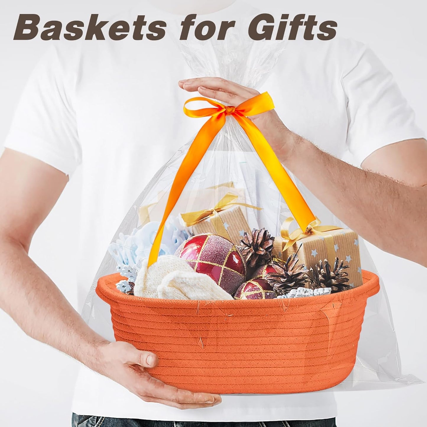 Pro Goleem Small Woven Basket with Gift Bags and Ribbons Durable Baskets for Mothers Day Gifts Empty Small Rope Basket for Storage 12"X 8" X 5" Baby Toy Baskets with Handles, White