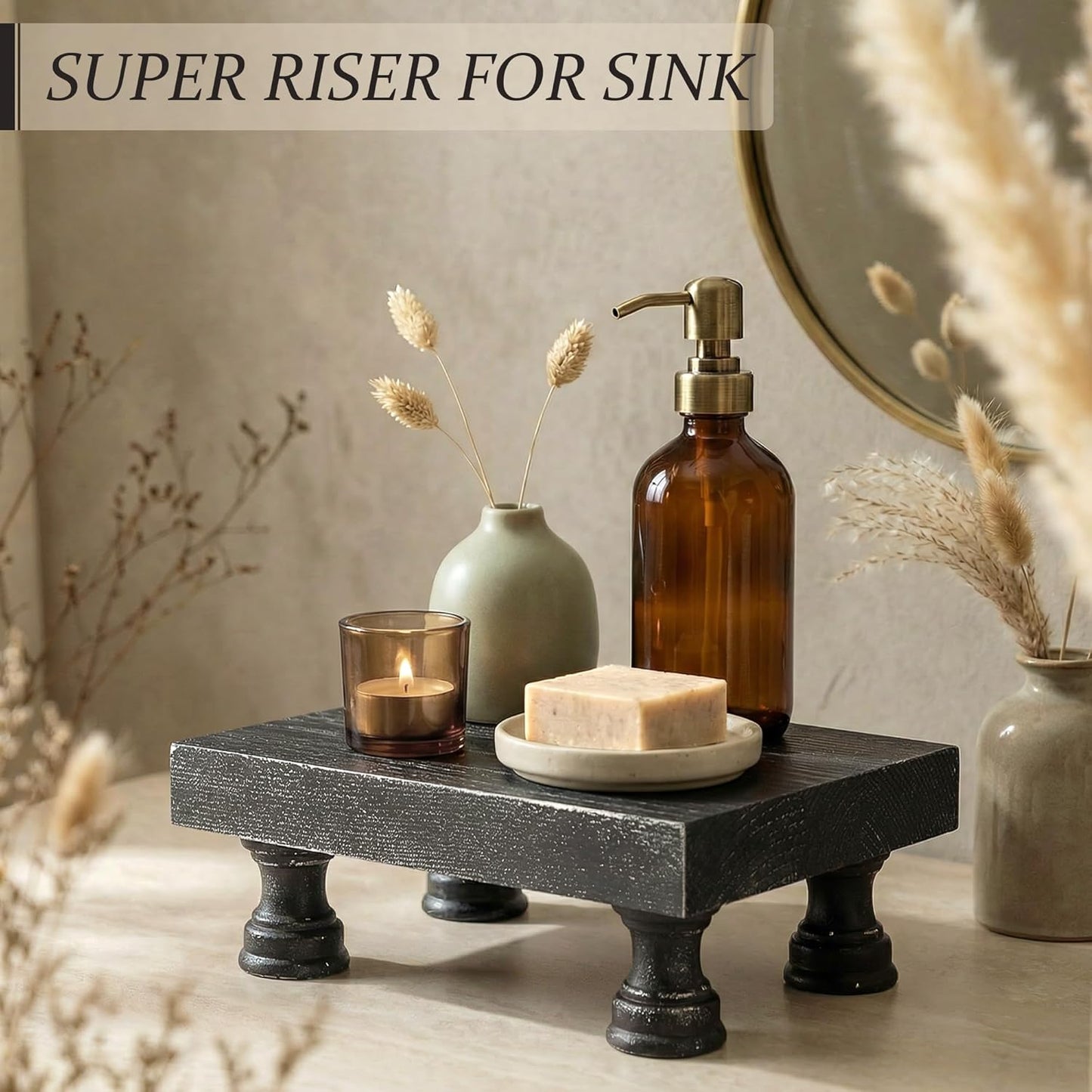 EOSAHR Farmhouse Riser for Room Decor : Decorative Pedestal Stand For Display Your Home Decorations and Uniquely Soap Stand - Rustic Bathroom Counter Tray and Kitchen Decor (Natural Wood)