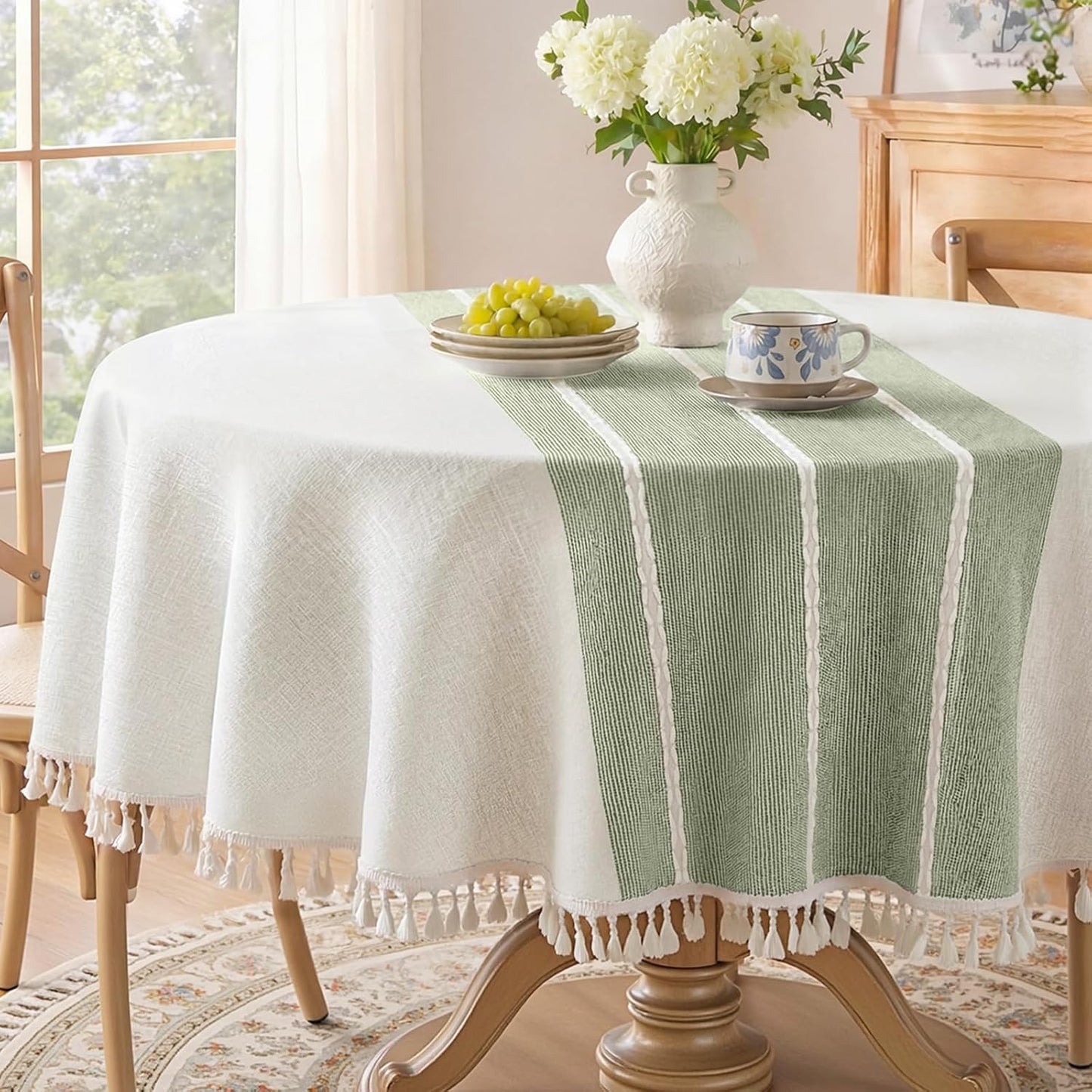 Softalker Outdoor Tablecloth Rectangle, Waterproof Linen Cotton Farmhouse Table Cloths with Tassel, Heavy Weight Wrinkle Free Boho Table Cover for Picnic Camping Dining - 55 x 70 Inch, Coffee Lines