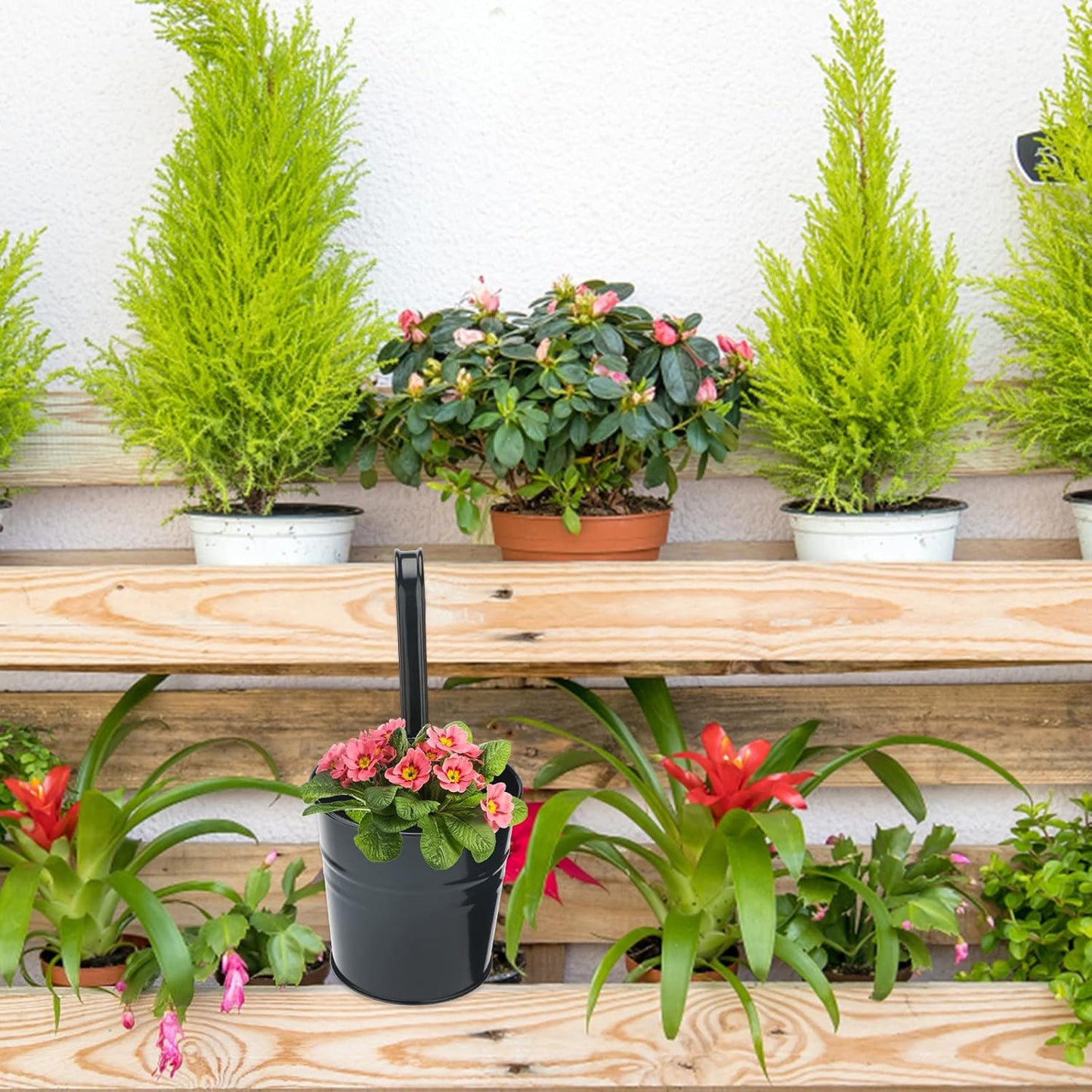 KINGLAKE Flower Pots,10 Pcs Metal Iron Hanging Flower Plant Pots Balcony Garden Plant Planter Baskets Fence Bucket Pot 4'' Flower Holders with Detachable Hook