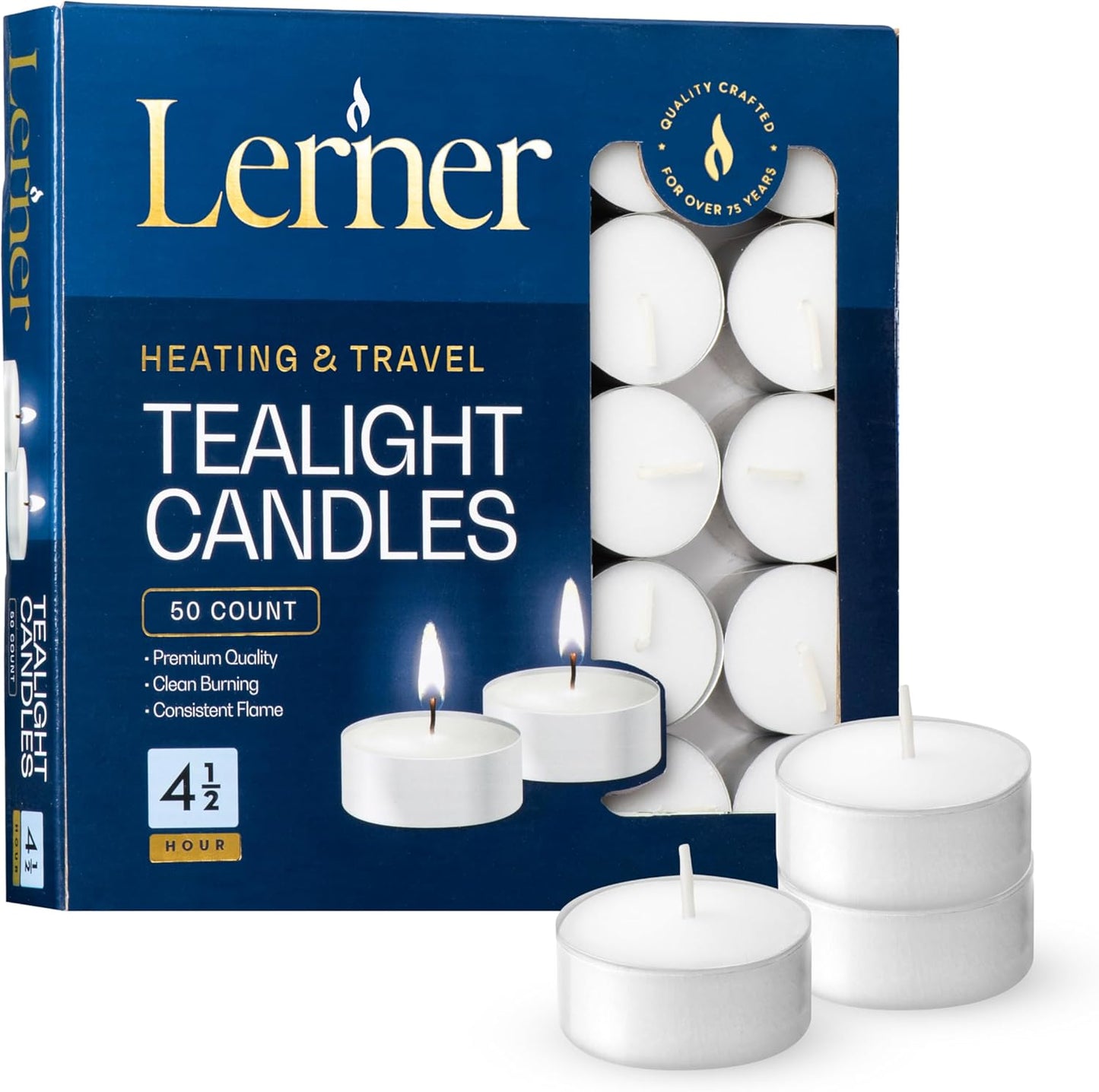 Lerner Tealight Candles, 50 Count| 4.5 Hours Long-Burning White Tea Light Candles| Non-Toxic, Smokeless & Soot-Free Tea Light Warmer Candles | Unscented Party, Décor, Shabbat Tea Candles