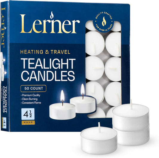 Lerner Tealight Candles, 50 Count| 4.5 Hours Long-Burning White Tea Light Candles| Non-Toxic, Smokeless & Soot-Free Tea Light Warmer Candles | Unscented Party, Décor, Shabbat Tea Candles
